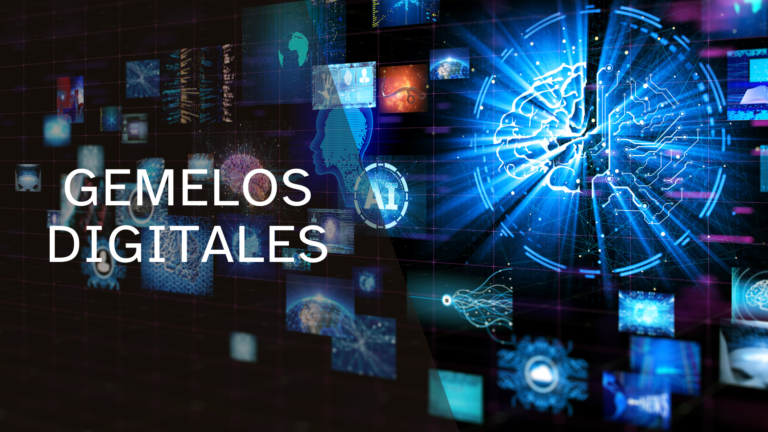 Imagen de banner de colores azules que representa la inteligencia artificial y los gemelos digitales.